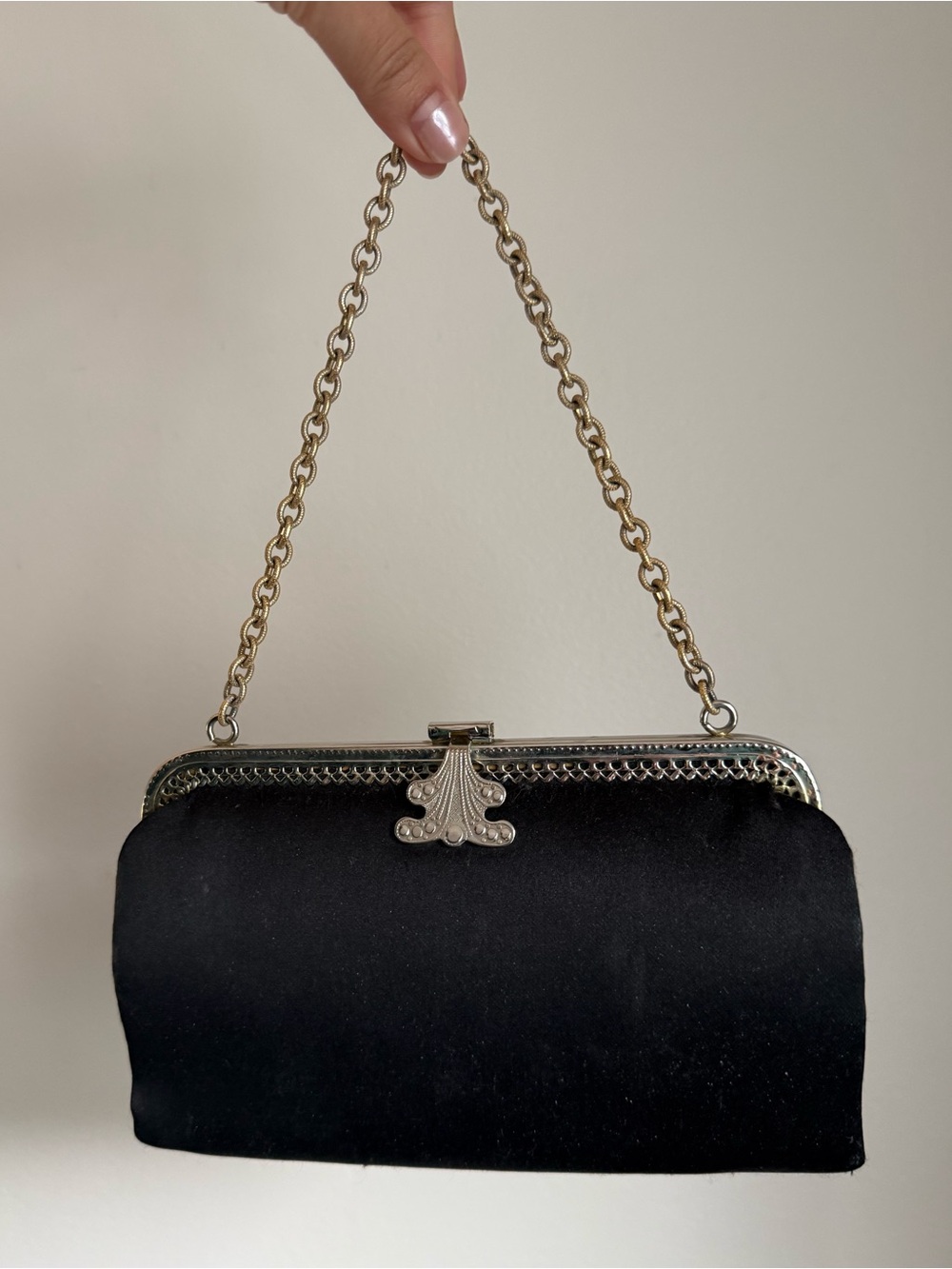 vintage black satin evening bag with delicate metal chain handle